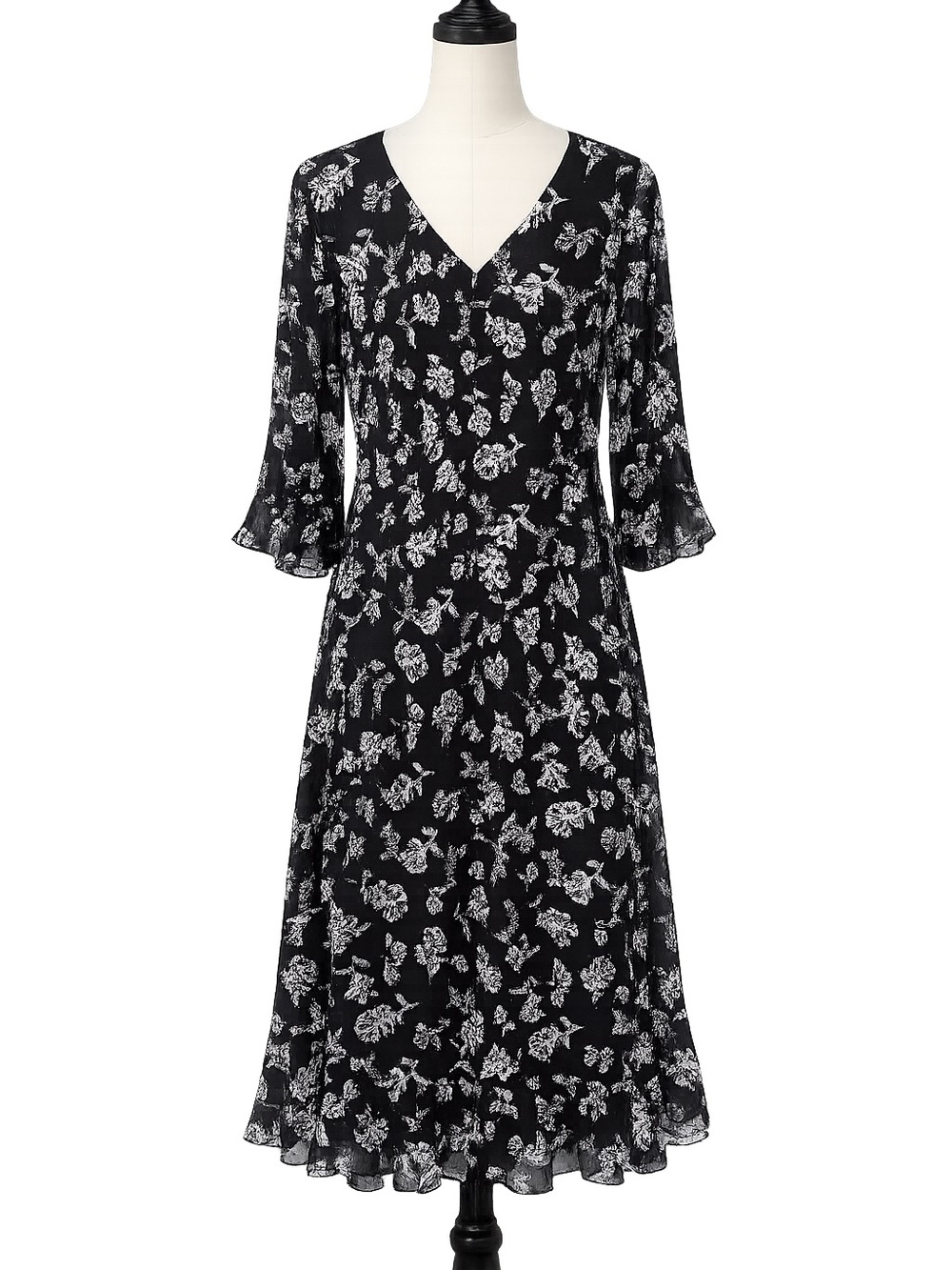 Jessica London Black and White Floral V-Neck Midi Dress